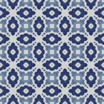 Seamless illustrated pattern made of abstract elements in light gray and shades of blue