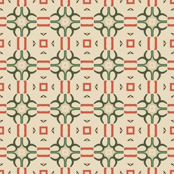 Seamless illustrated pattern made of abstract elements in beige, red, green and brown