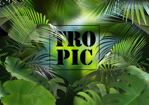 Tropical Background with Photorealistic Vegetation - Exotic Composition with Detailed Tropical Plants and Blurred Jungle, Vector Graphic