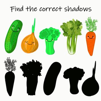 Find the right shade of vegetable. Educational game for children. Find the right shadow. Kids activity with cartoon vegetables.