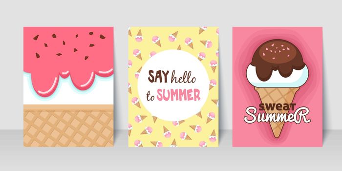 Summer flyer card with ice cream. Say hello to summer. Journal cards. Vector illustrations for t-shirt, poster prints. Holiday, travel, vacation theme