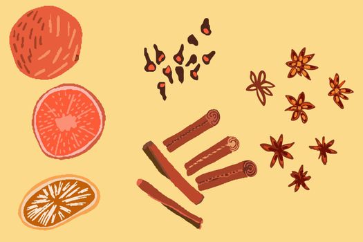 Mulled wine spices decor hand drawn color illustration. Holiday composition with decorations. Flat style illustration. Festive greeting card, banner, poster sketch design. 