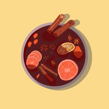 Mulled wine spices with cinnamon in the pot color illustration. Holiday composition with decorations. Flat style illustration. Festive greeting card, banner, poster sketch design. 