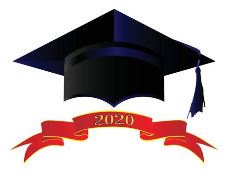 A university cap with banner showing 2020