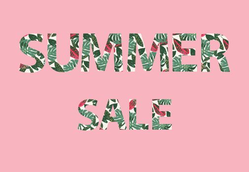 Vector Summer sale lettering. Tropical leaves background letters on pink background