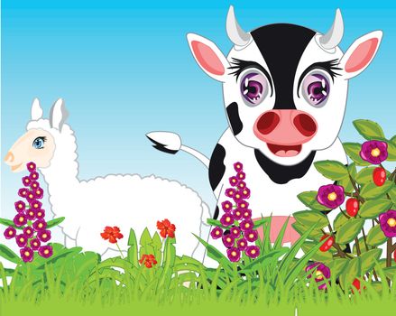 Animals cow and sheep to fall on year meadow with flower
