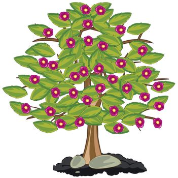 Vector illustration year tree coated beautiful flower on background of the green foliage