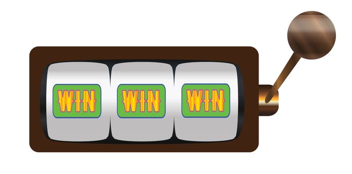 A typical cartoon style three wins on a spin of a one armed bandit or fruit machine over a white background