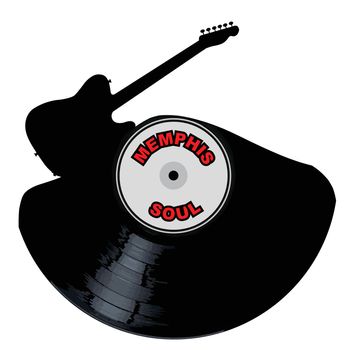 A vinyl LP record with an electric guitar cutout shape with the legend Memphis Soul all isolated on a white background