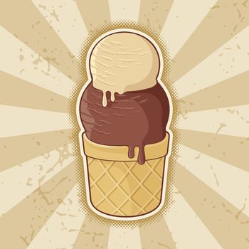 Ice cream cup icon with two balls and retro colors on grunge beige background.
