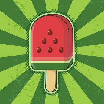 Watermelon ice cream stick icon on green grunge background.