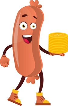 Sausage with coins, illustration, vector on white background.