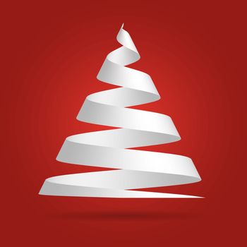 Simple red paper ribbon folded in a shape of Christmas tree. Merry Christmas theme. 3D vector illustration with dropped shadow and red gradient background.