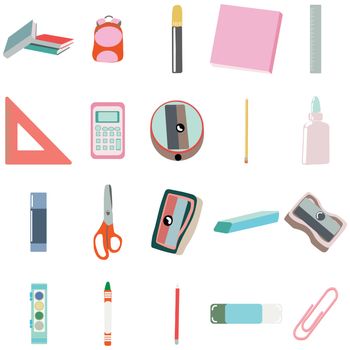 Back to school concept, flat design. Education supplies pastel color icons. Paints, crayons, pencils on white background. 