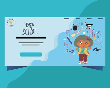 Back to school concept, flat design. Template for banner, poster, web. Landing page with school girl and school supplies. 