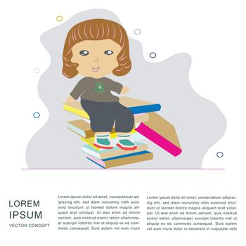 Little girl sitting on a pile of books. Space for text. Back to school concept. 
