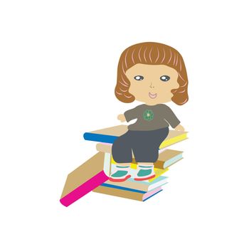 Little girl sitting on a pile of books. Isolated on white background. 