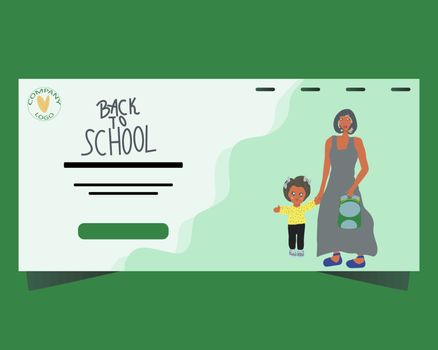 Back to school concept. Landing page with mother and daughter walking to school.