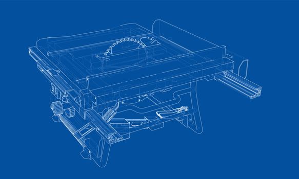Outline table saw for woodwork vector. Wire-frame style. The layers of visible and invisible lines. 3D illustration