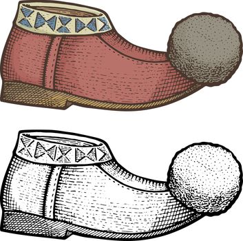 Traditional Greek tsarouchi, woodcut illustration of folk leather moccasin like, male shoe with pompon.