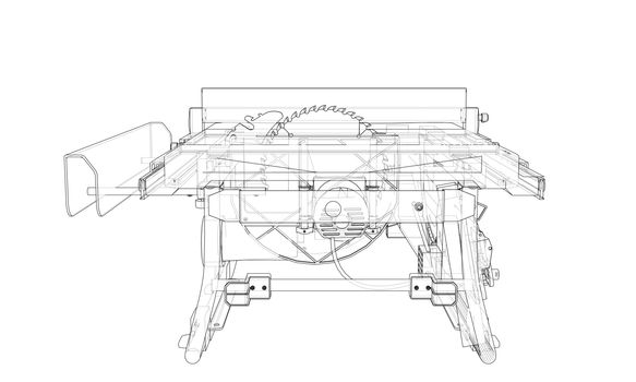 Outline table saw for woodwork vector. Wire-frame style. The layers of visible and invisible lines. 3D illustration