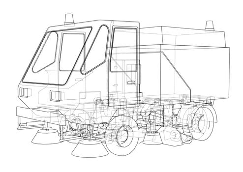 Small Street Clean Truck Concept. Vector rendering of 3d. Wire-frame style. The layers of visible and invisible lines are separated