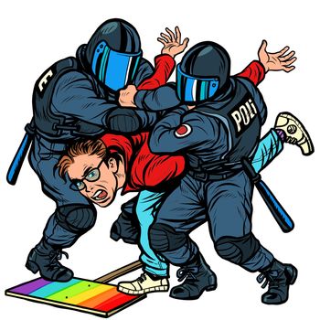 Police arrest activist protest lgbt gay parade. Pop art retro vector Illustrator vintage kitsch drawing