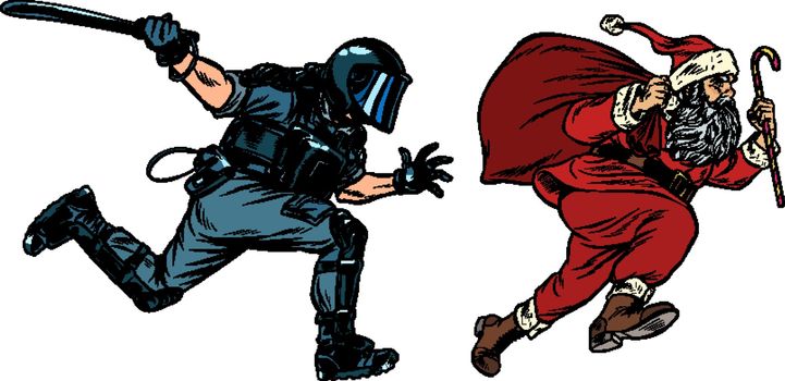 Santa Claus Christmas. riot police with a baton. discrimination against Christians. Pop art retro vector illustration drawing