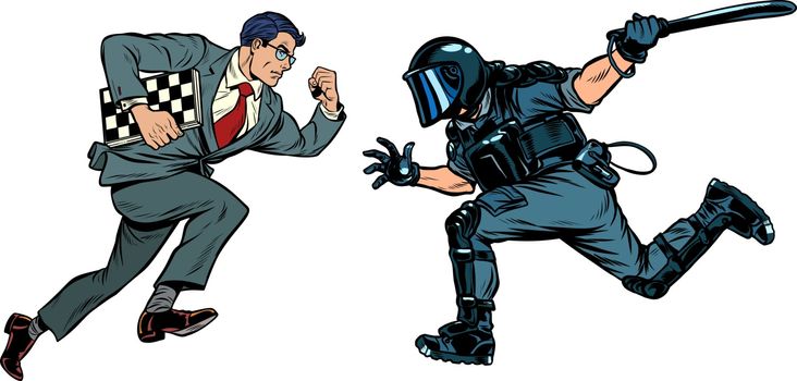 intelligence versus strength. chess player and riot police with a baton. Pop art retro vector illustration drawing