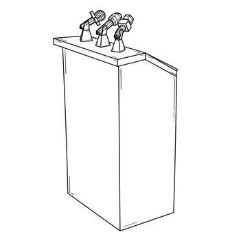Wooden podium for political speech with microphones for journalist. Sketch of the illustration. Black simple outline illustration on white background.