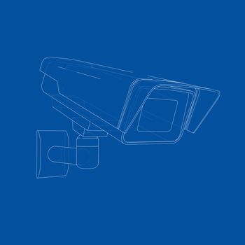 Outline CCTV camera. Security camera. Vector rendering of 3d. Wire-frame style. The layers of visible and invisible lines are separated