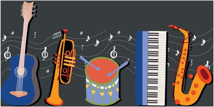 Colorful musical instruments horizontal banner template. Black background. Musical notes wave. illustration.