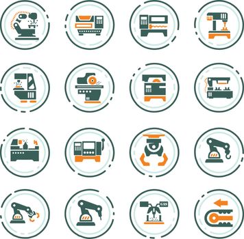 Vector machine tool icons set. Work and factory, production industrial technology, equipment construction illustration