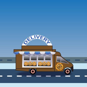 Food and pizza delivery truck rides on the highway. Sunshade above the shop window. Vector illustration on blue sky background. Design for web, site, advertising, banner, poster, board and print.