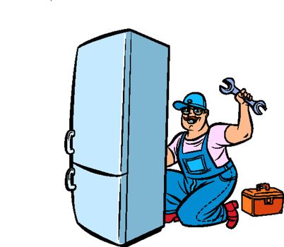 master refrigerator repair. Pop art retro vector illustration drawing