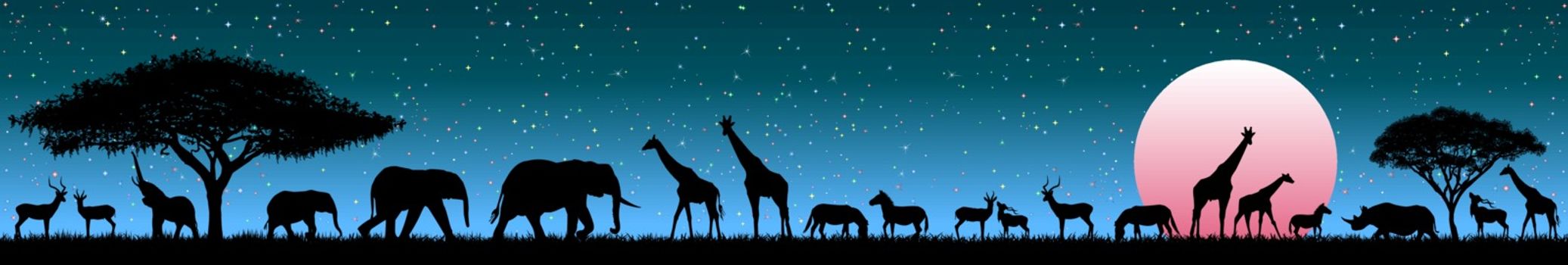 Silhouettes of wild animals of the African savannah. Set of different wild animals of Africa. African animals against the starry sky and the rising sun.