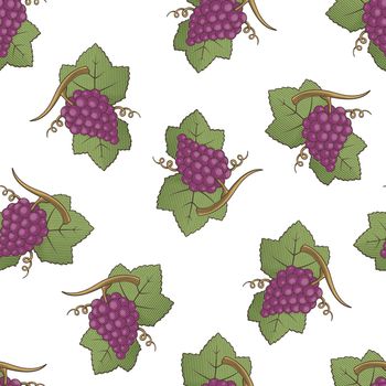 Red grapes with leaves colored illustration seamless pattern background with engraving shading.