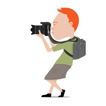 Character cartoon of male photographer carry bag in pose of shooting photo on white background. vector illustration.