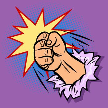 a fist smashes through the wall. Pop art retro vector illustration drawing