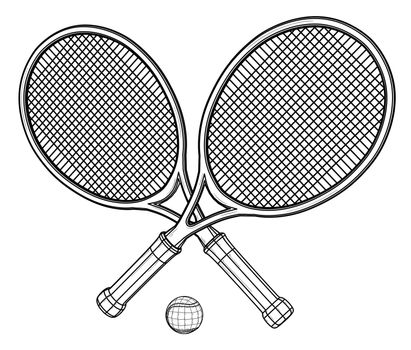 Two tennis rackets and ball. Sports equipment. Black outline illustration on white background. Sketch.