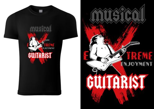 Black T-shirt with Hard Rock Guitarist - Graphic Illustration for Printing or Wallpaper and etc., Vector