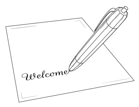 Pen writing on paper word Welcome. Black outline illustration on white background. Sketch.