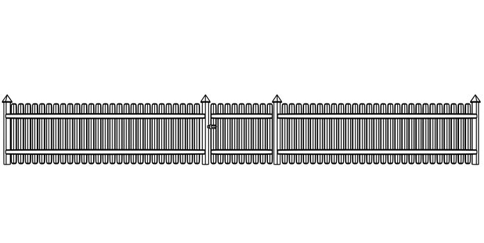 Wooden fence with small gate in center. Black outline illustration on white background. Sketch.
