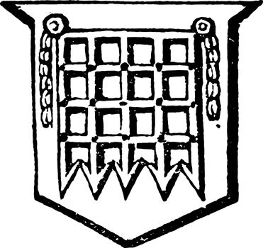 Portcullis used to defend the entrance to a castle, vintage line drawing or engraving illustration.