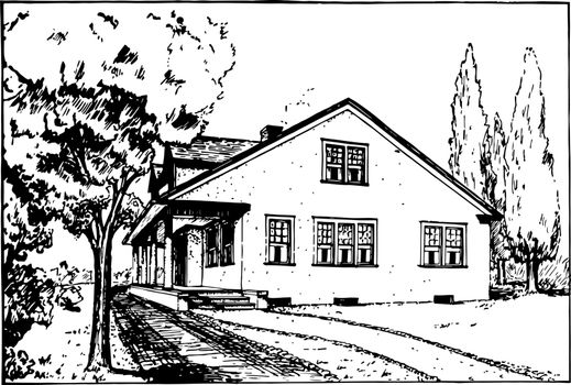 Farmhouse serves as the primary residence in a rural or agricultural space for animals housebarn vintage line drawing or engraving illustration.