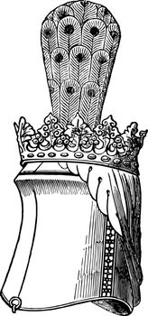 Helm of Sir Edmund de Thorpe have a crest and helmet in this picture vintage line drawing or engraving illustration.