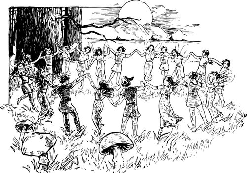 Elves and Fairies Dancing would dance in a circle in the moonlight is supernatural being in Germanic mythology folklore often as beautiful young women vintage line drawing or engraving illustration.