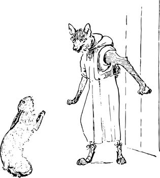 Reynard the Fox: Hunting Kyward this scene shows the hare begging in front of the fox in human dress vintage line drawing or engraving illustration