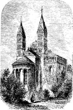 The Cathedral at Spires was built between 916 and 1097 Old English word spir meaning a sprout shoot or stalk of grass vintage line drawing or engraving illustration.