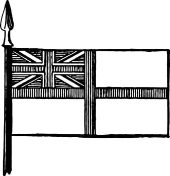 White Ensign, this white color flag has cross of vertical stripes,  and cross of vertical stripes superimposed on saltire in canton, vintage line drawing or engraving illustration 
